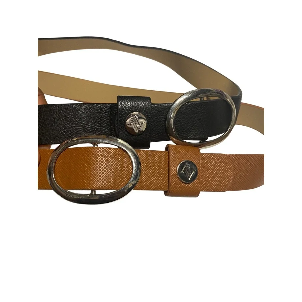 Women's ML Belt Set 2pcs Black & Brown Faux Leather Oval Buckles 41in Adjustable